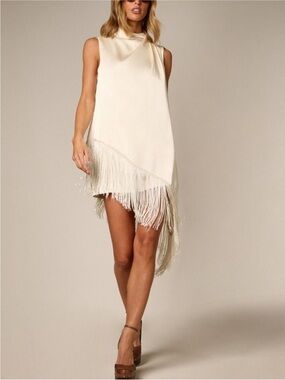 Missguided Cream Asymmetrical Fringe Mini Dress